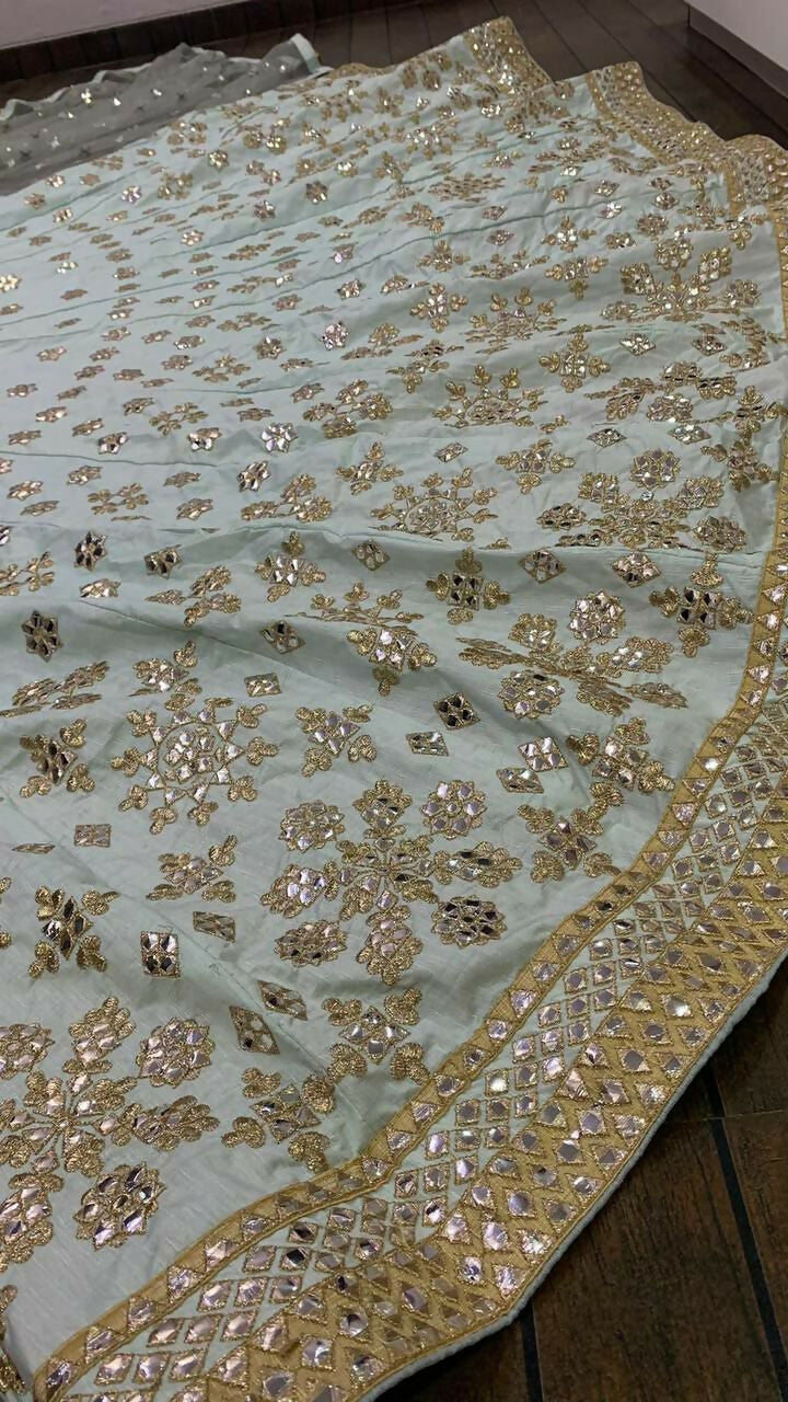 Jyoti Fashion Women's Sky Blue Mulberry Silk Paper Mirror with Zari Embroidered Designer Lehenga Choli Set | Swadesiicart
