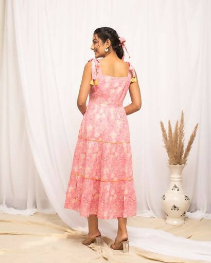 FIORRA Women's Peach Cotton Floral Printed Western Dress - Swadesiicart