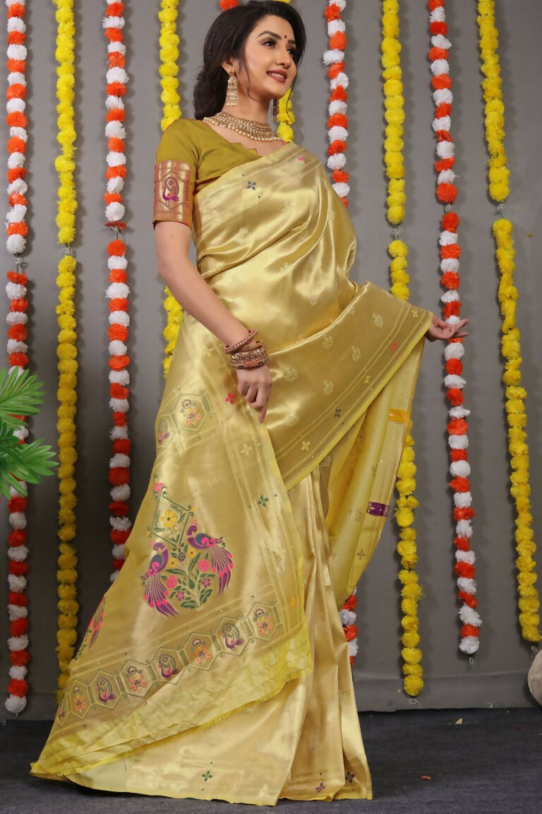 Jyoti Fashion Women's Mehendi Paithani Silk Zari Woven Saree with Blouse | Swadesiicart
