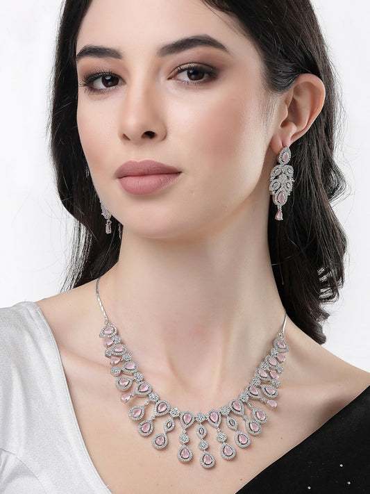 NVR Women's silver plated & Pink CZ stone handcrafted jewellery set - NR Retail-NVR