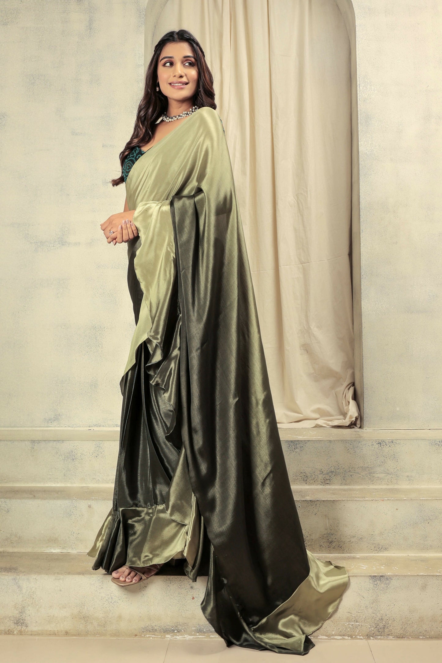 Green Satin Solid Designer, Printed Party Wear Ready To Wear Saree - Nasreen | Swadesiicart