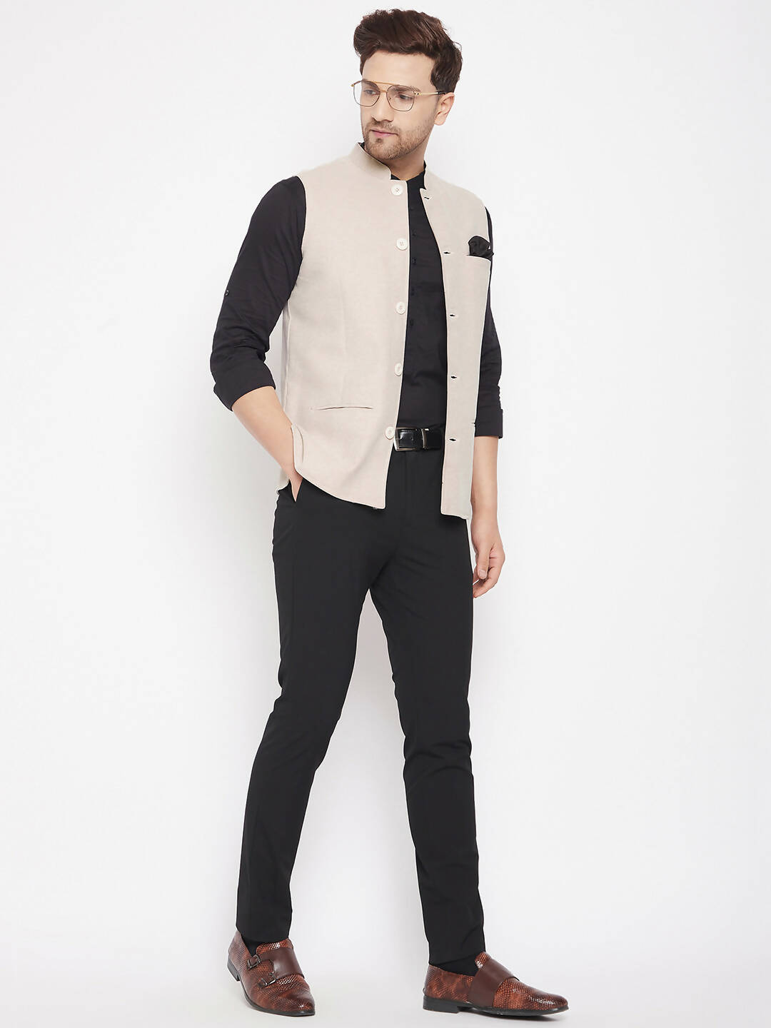 Even Apparels Cream Merino Men Woven Nehru Jacket | Swadesiicart