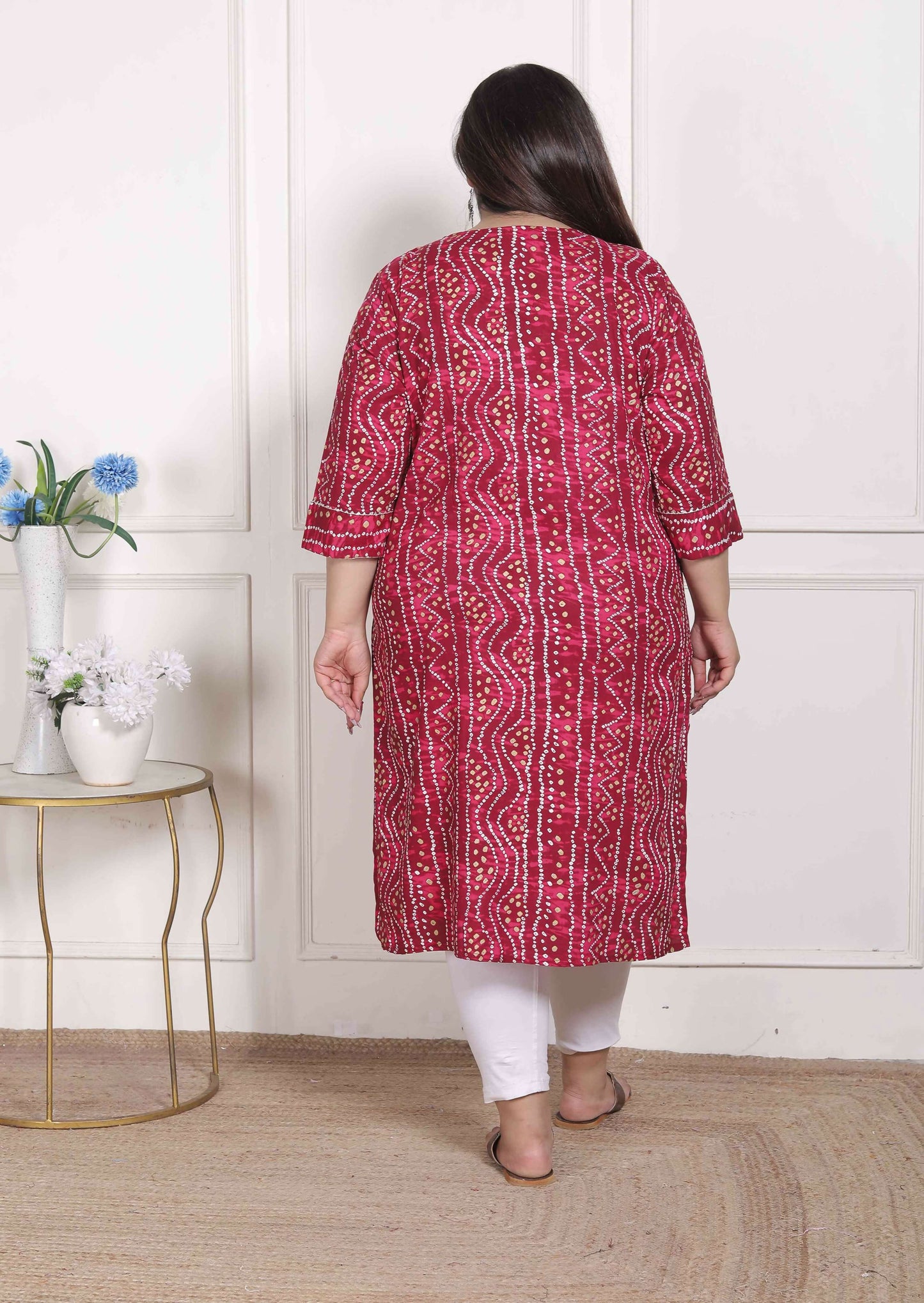 Miravan Women's Plus Size Bandhej Printed Rayon Kurta Magenta - Swadesiicart