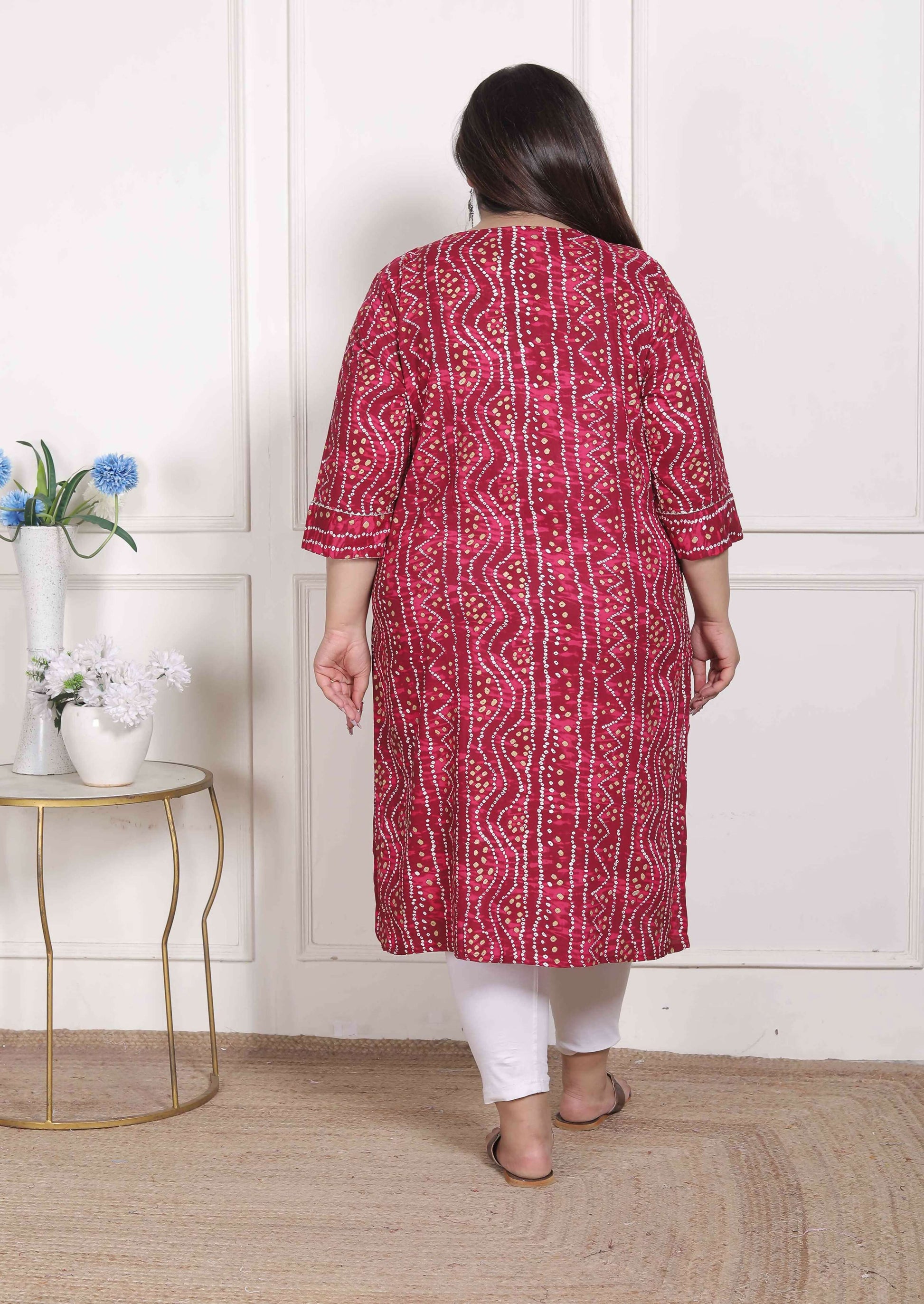 Miravan Women's Plus Size Bandhej Printed Rayon Kurta Magenta - Swadesiicart