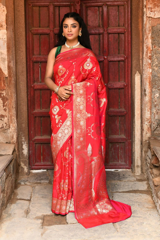 Joban Fashion Red Soft Pure Handloom Banarasi Silk Saree | Swadesiicart