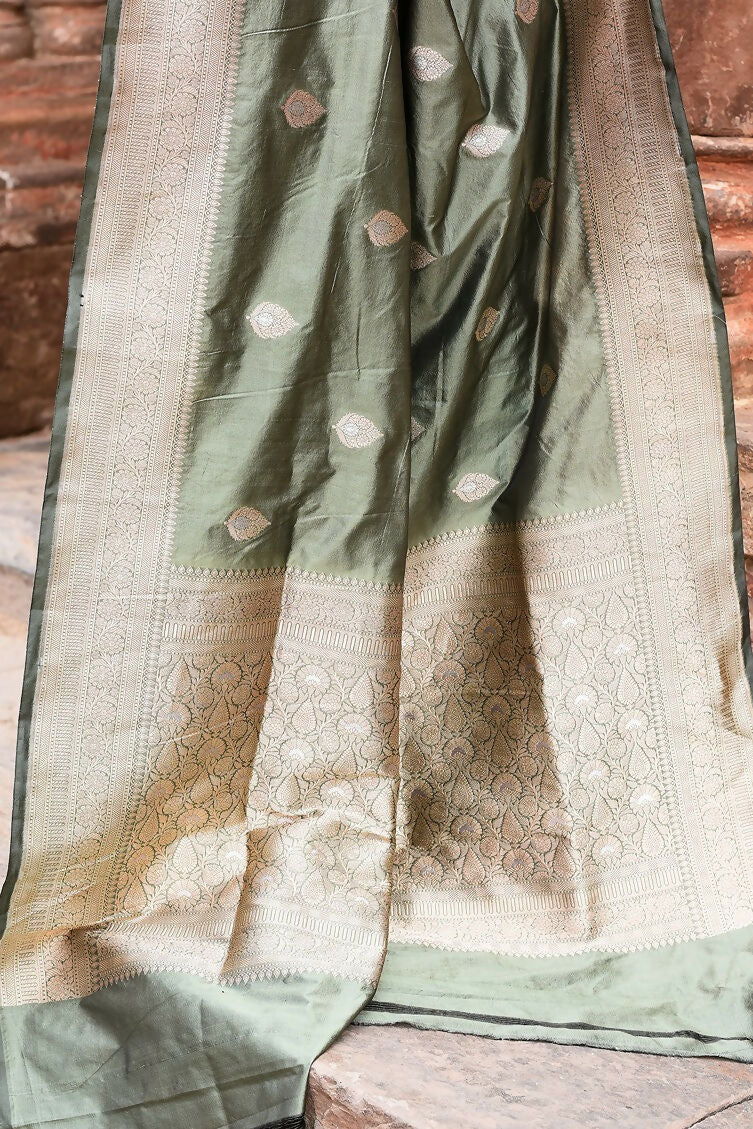 Joban Fashion Dusty Olive Banarasi Katan Pure Handloom Silk Saree | Swadesiicart