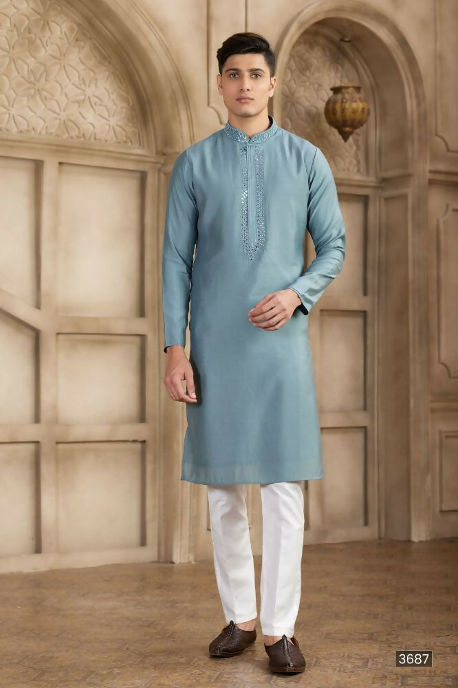 Raivat Ethnic Banarasi Art Silk Mirror Work Kurta Pajama In Grey Colour | Swadesiicart