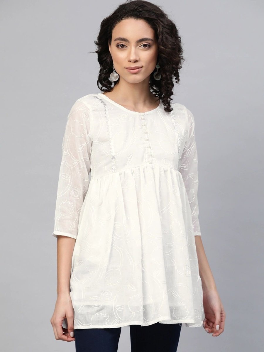 Ahalyaa Women Off-White Cotton Embroidered Tunic | Swadesiicart