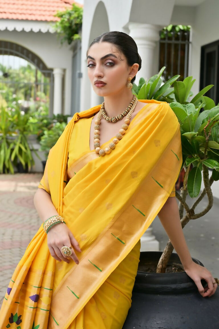 Vishnu Weaves Women's Yellow Paithani Silk Zari Woven Saree with Blouse - Swadesiicart