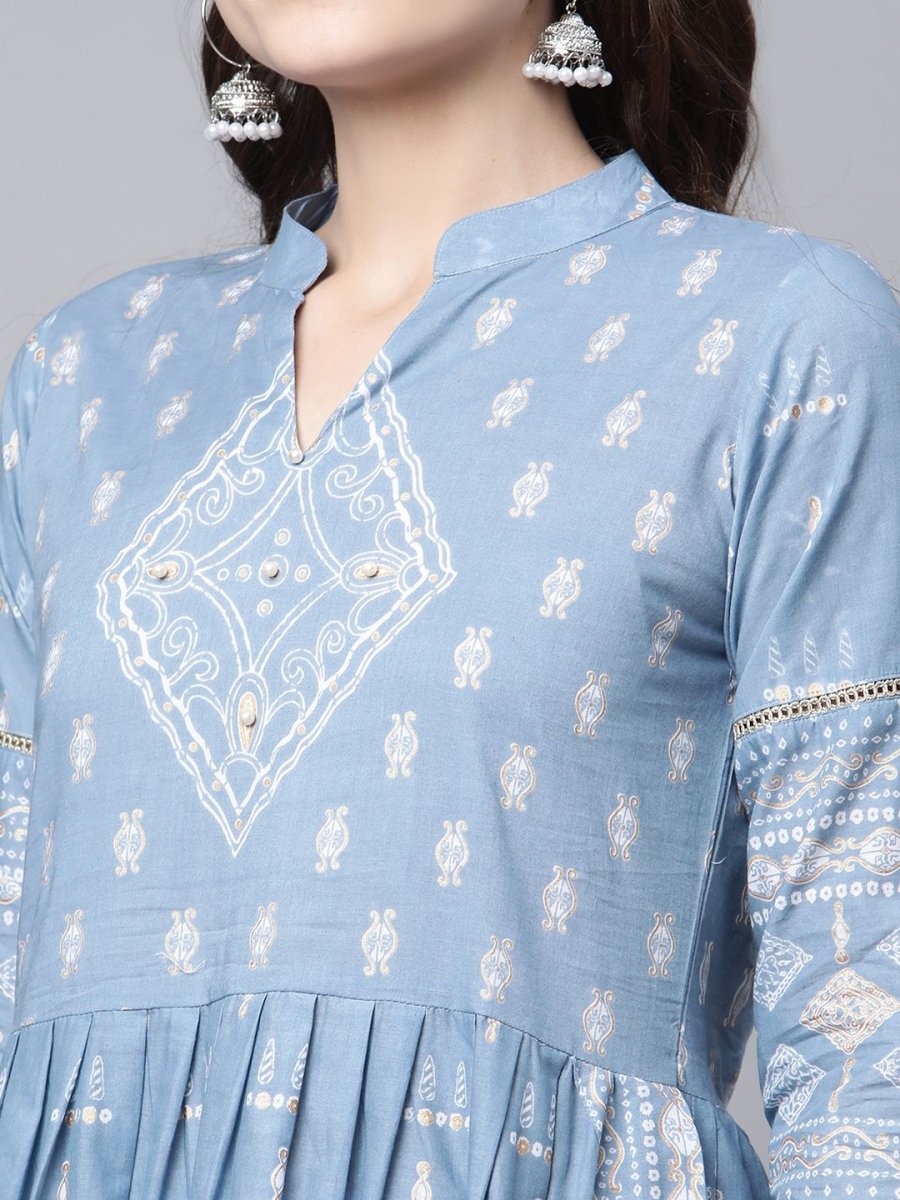 Ahalyaa Women Pastel Blue Pure Cotton Printed Kurta Pant Set With Dupatta | Swadesiicart