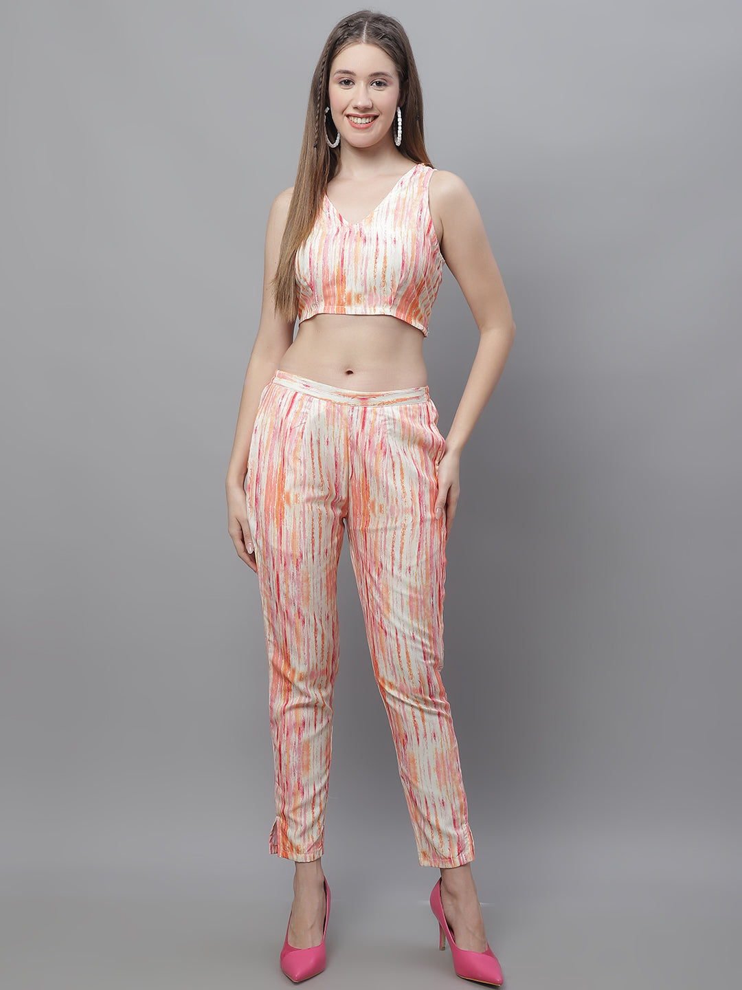 Jainish Women's WoDigital Printed Crop Top and Jacket Set - Orange - Swadesiicart