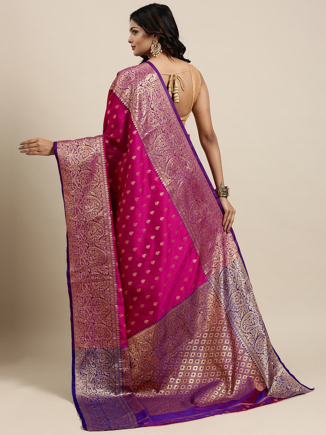 Mitera Pink & Golden Ethnic Motifs Banarasi Saree with Zari Border | Swadesiicart
