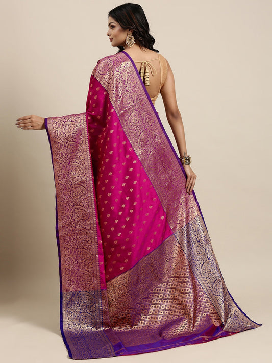 Mitera Pink & Golden Ethnic Motifs Banarasi Saree with Zari Border | Swadesiicart