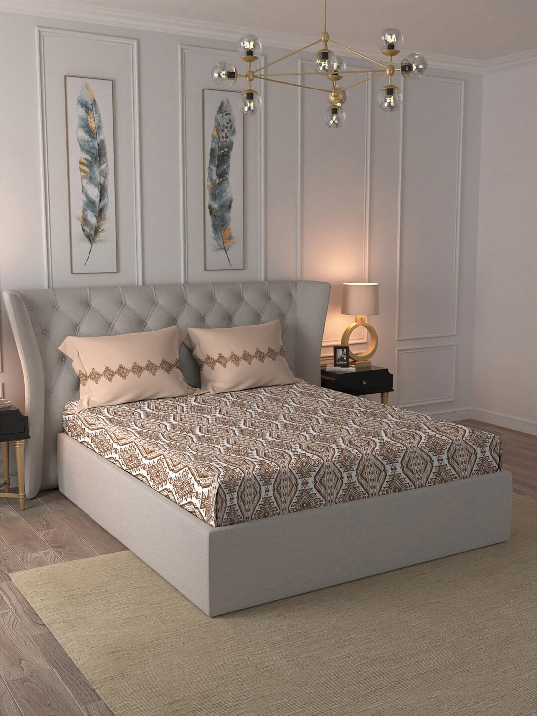 MYTRIDENT Brown Ethnic Motifs Cotton 120 TC Queen Bedsheet With 2 Pillow Covers - Swadesiicart