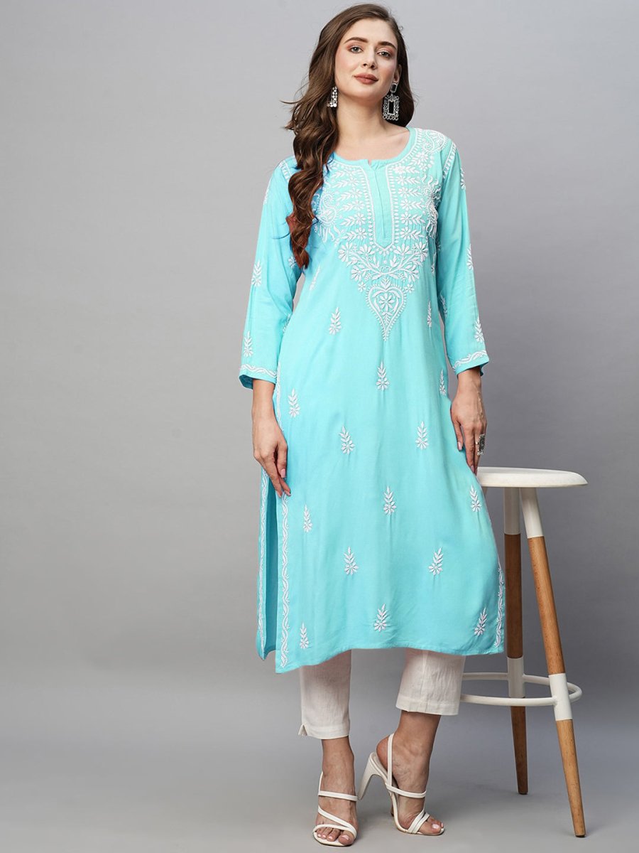 ADA Ethnic Motifs Embroidered Chikankari Cotton Kurta | Swadesiicart