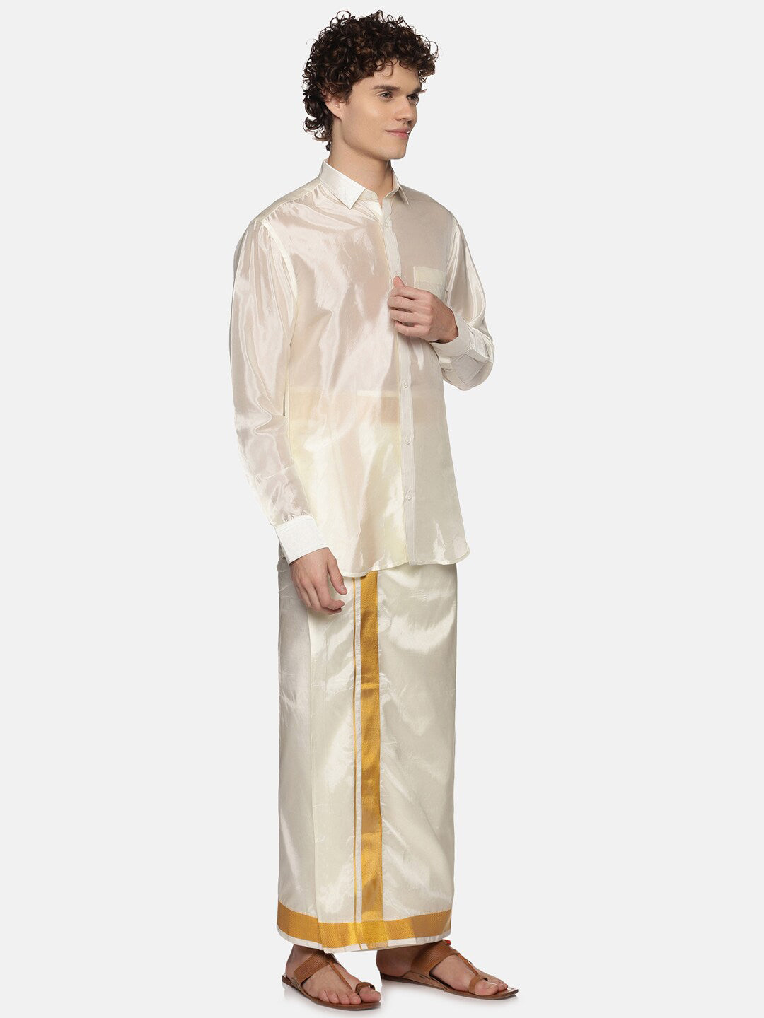 Sethukrishna Men Cream Art Silk Gold Zari Border Dhoti | Swadesiicart