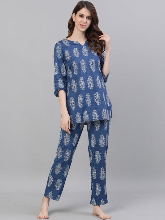 Jaipur Kurti Women Blue & Grey Printed Night suit | Swadesiicart