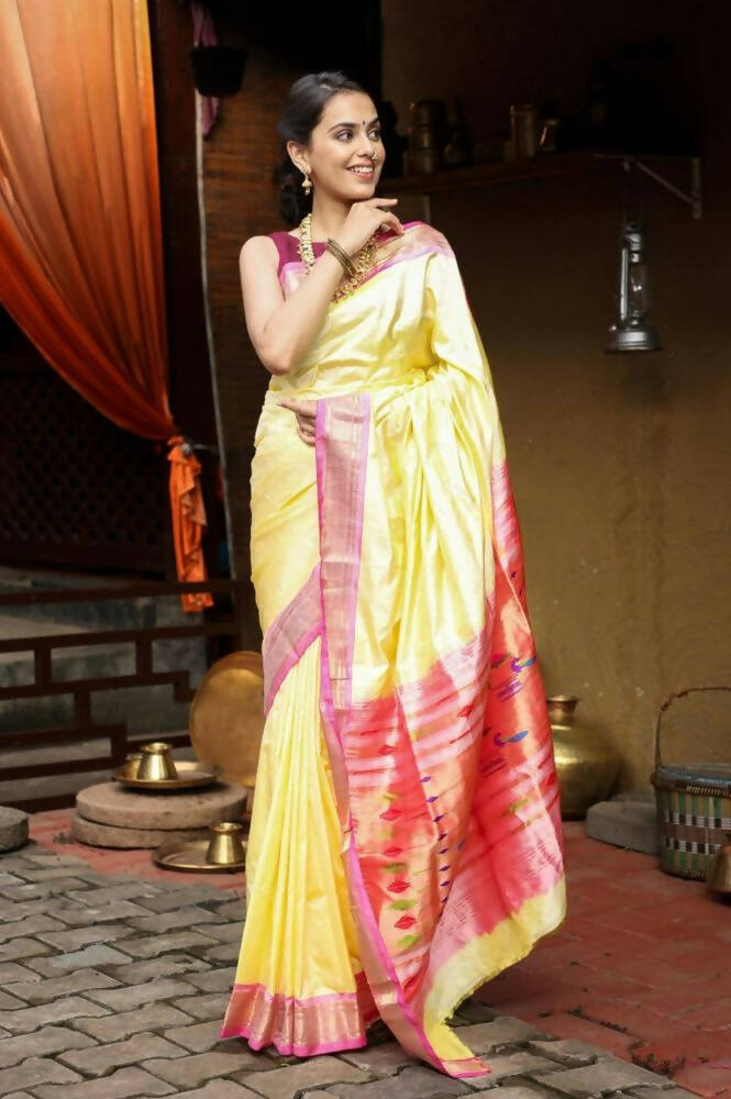 Very Much Indian Handloom Pure Silk Paithani Pastel Light Yellow | Swadesiicart
