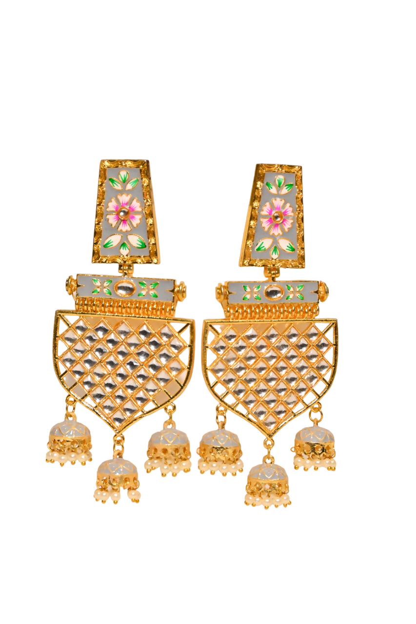 Traditional Gold-Polished Meenakari Grey Jhumka Jhumki Earrings By House of Ree - Swadesiicart