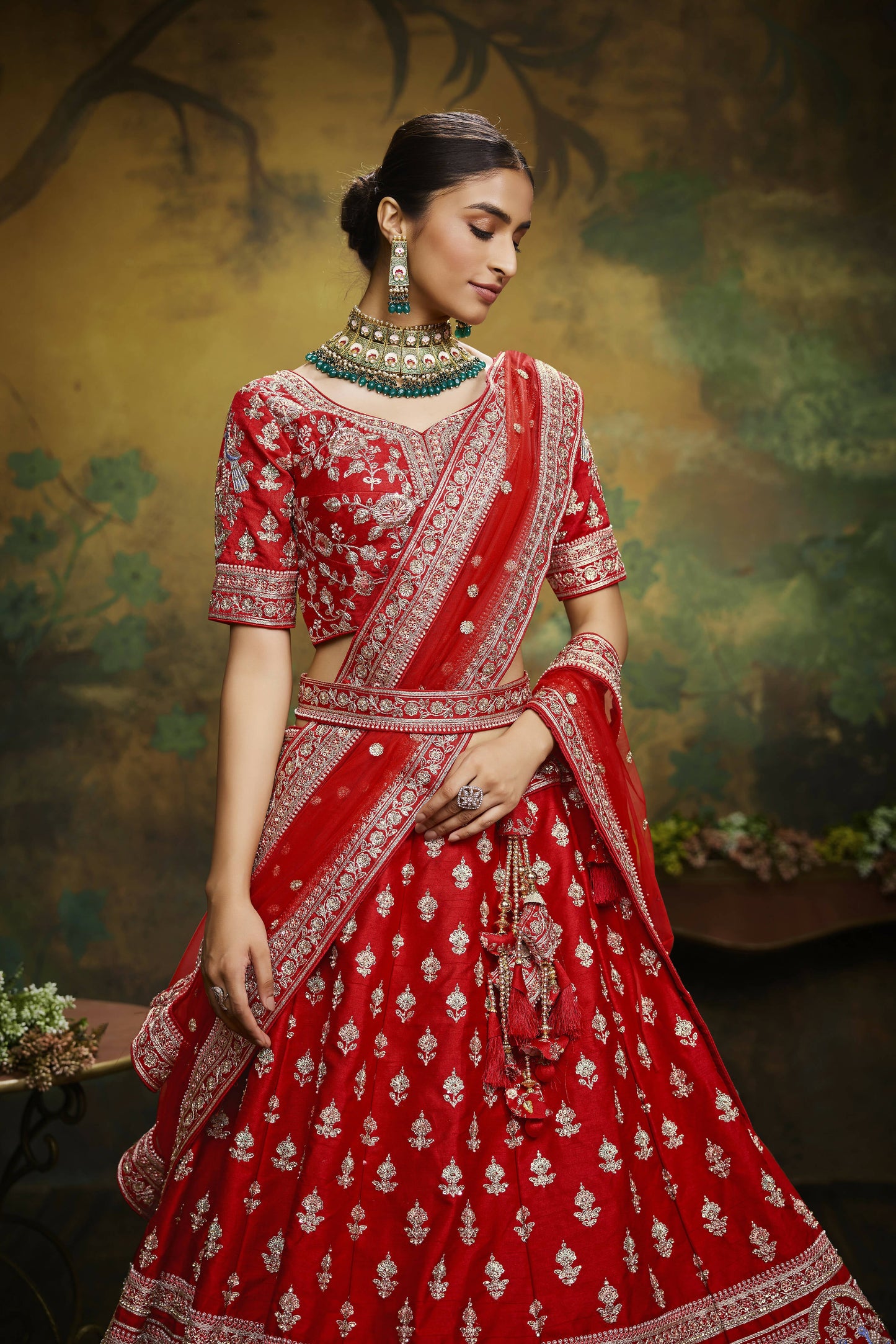 House of Panchhi Red Pure Silk Moti & Zarkan heavy embroidery Lehenga choli & Dupatta | Swadesiicart