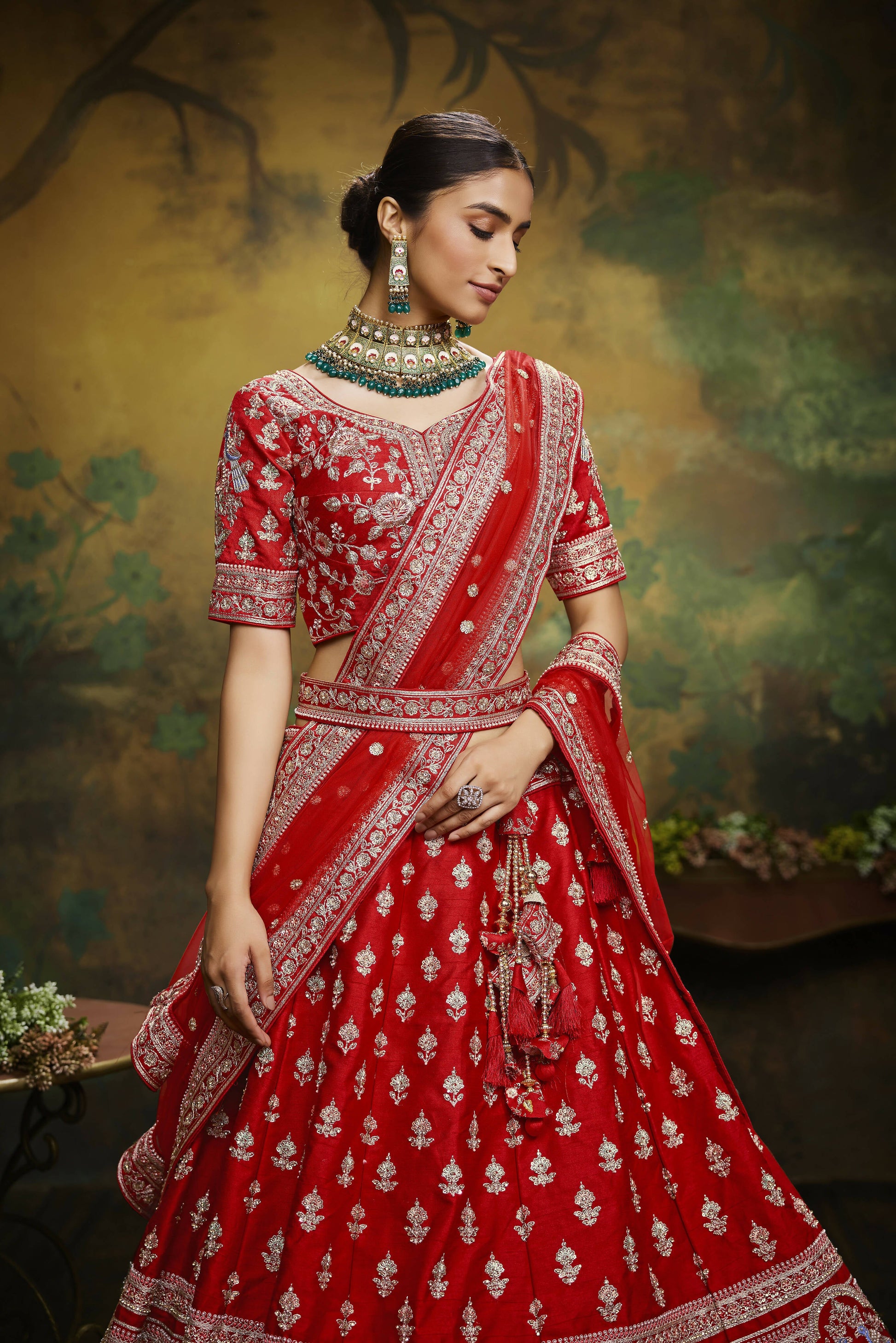 House of Panchhi Red Pure Silk Moti & Zarkan heavy embroidery Lehenga choli & Dupatta | Swadesiicart