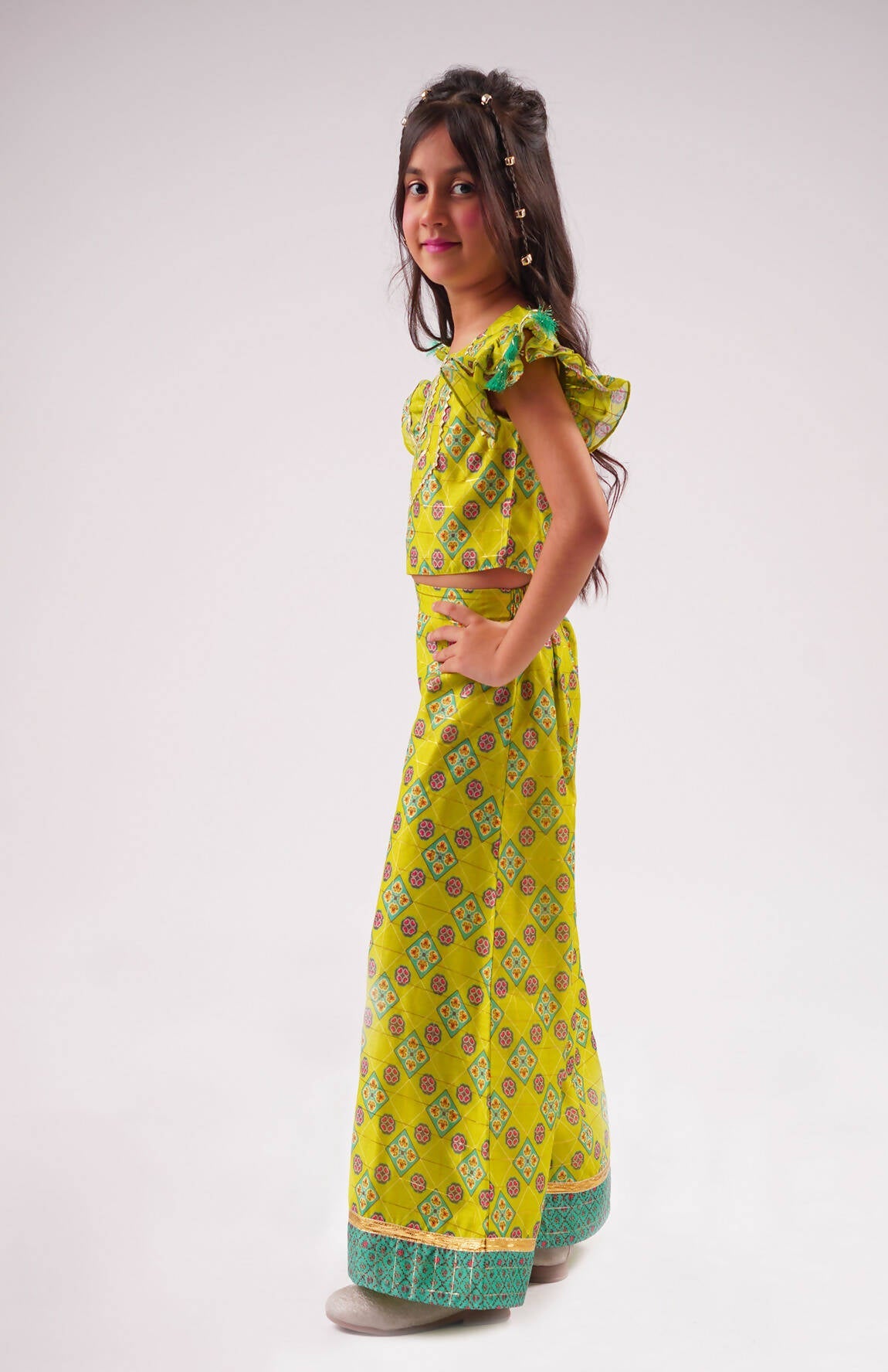 Lil Drama Raangoli Crop Top With Palazzo Co-Ordinate Set - Green - Swadesiicart