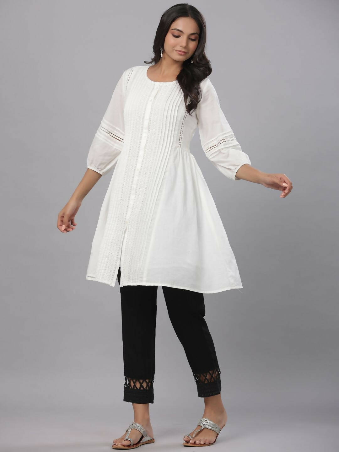 Juniper Women's White Cotton Silk Solid A-Line Kurta | Swadesiicart