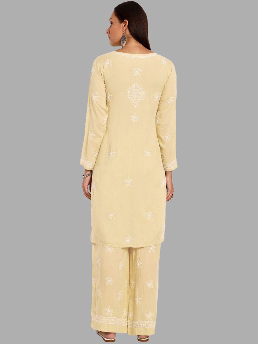 ADA Ethnic Motifs Embroidered Chikankari Straight Kurta with Palazzos | Swadesiicart