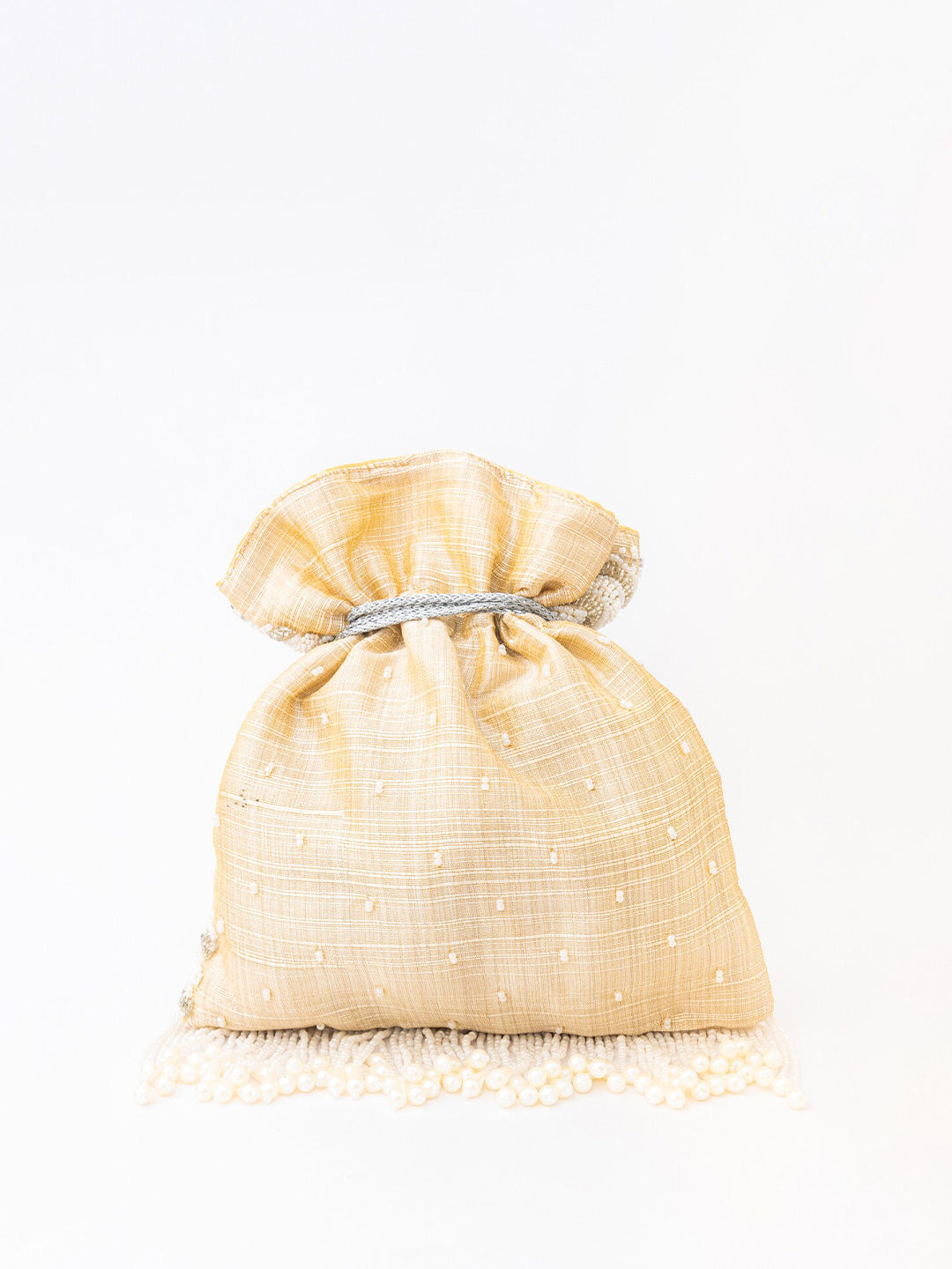 NR By Nidhi Rathi Cream-Coloured & Gold-Toned Embellished Potli Clutch - Swadesiicart