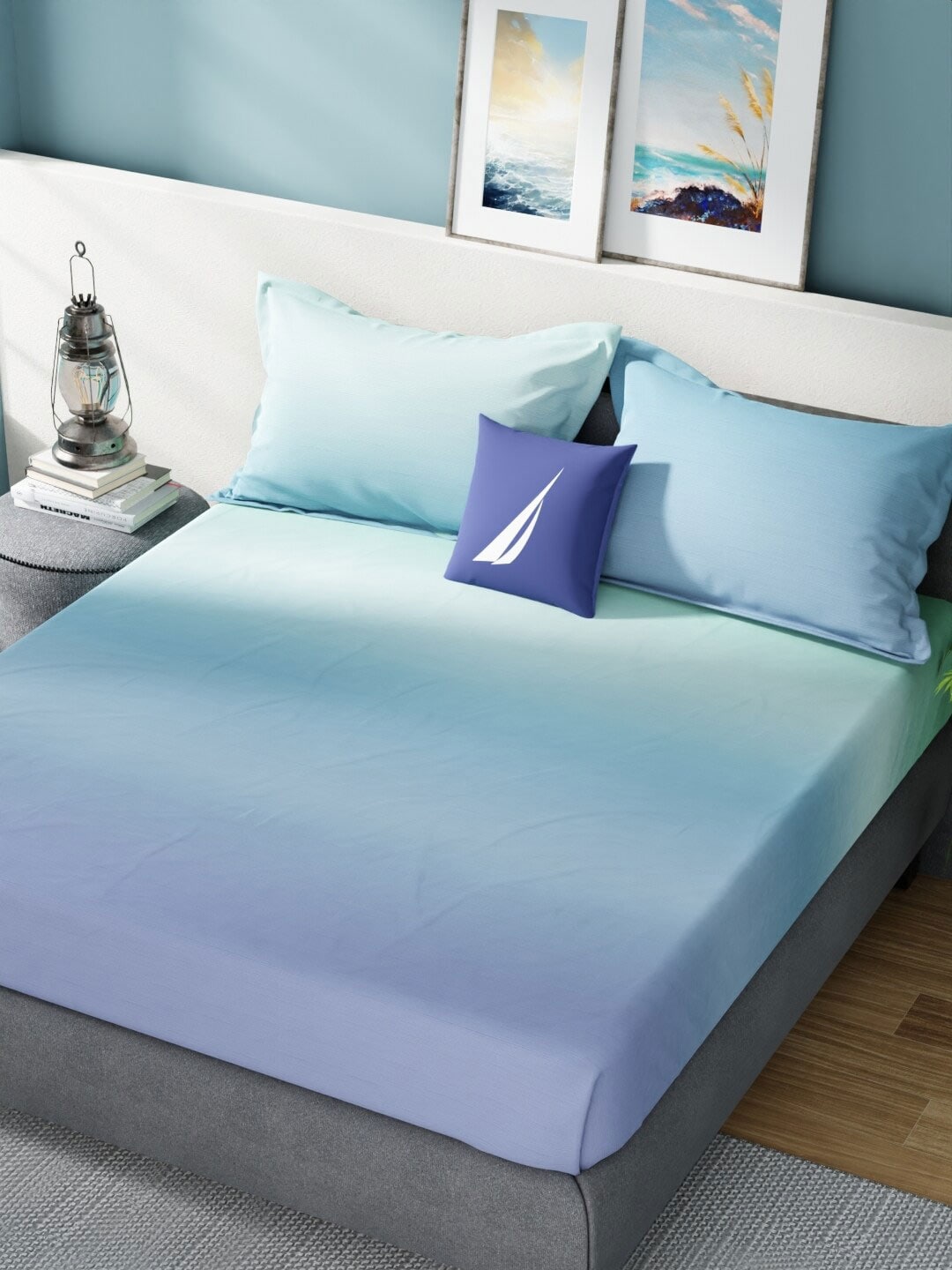 Nautica Bradford Green & Blue 160 TC Pure Cotton King Bedsheet & 2 Pillow Covers - Swadesiicart