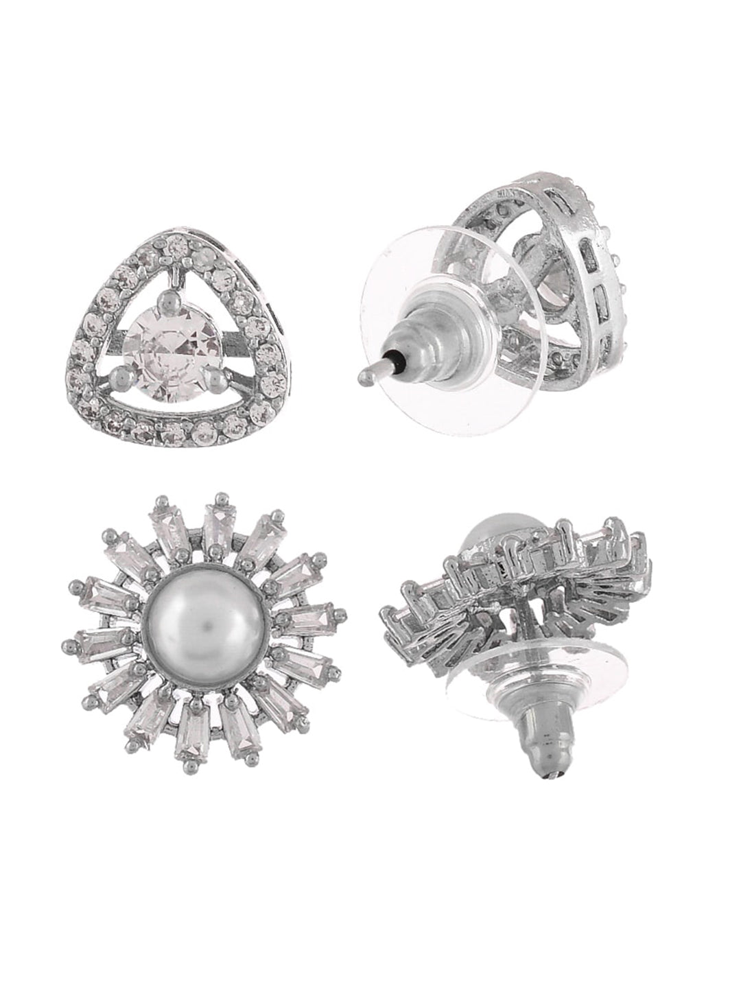 Shoshaa Set of 2 Silver-Toned Ad Stones Contemporary Studs Earrings - Swadesiicart