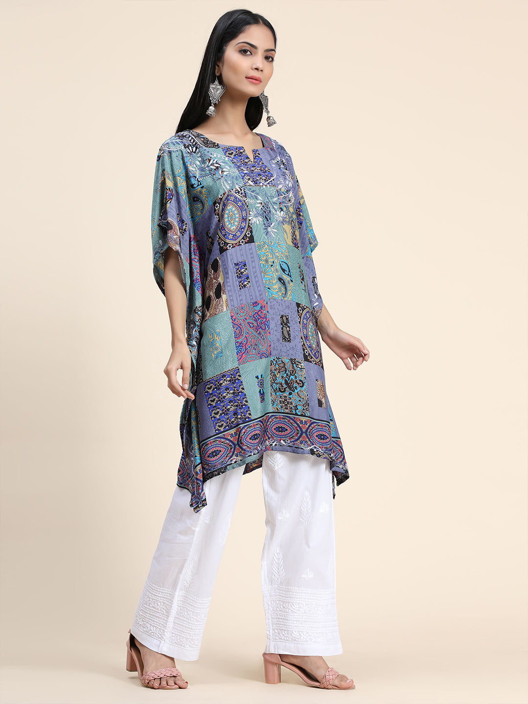 HOUSE OF KARI Ethnic Motifs Printed Notched Neck Chikankari Embroidery Cotton Kaftan Kurta | Swadesiicart
