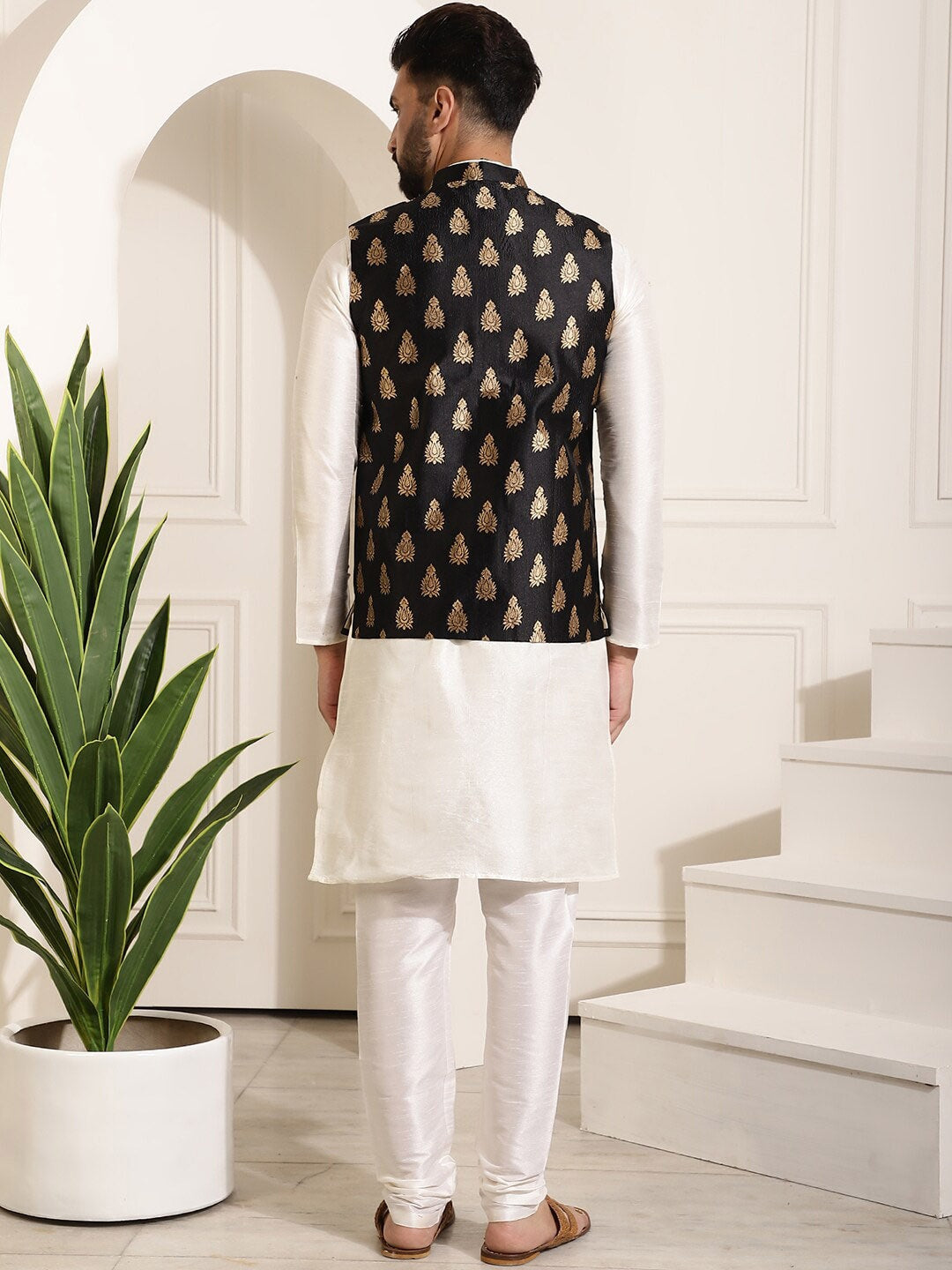 Sojanya Band Collar Straight Kurta & Churidar with Nehru jacket | Swadesiicart