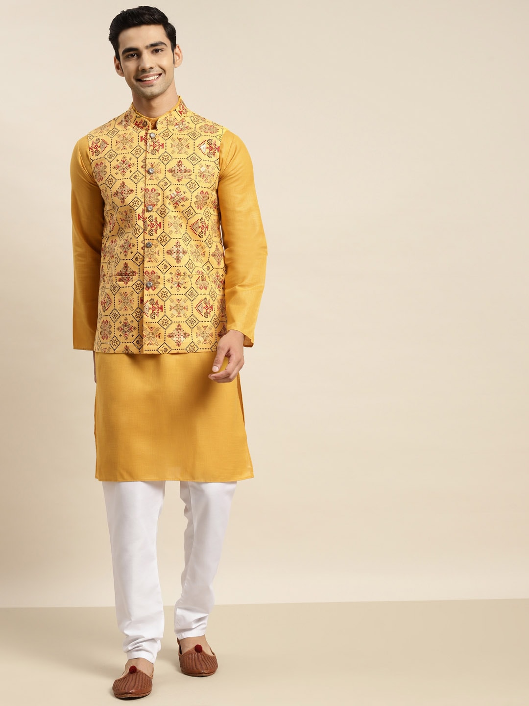 Sojanya Men Mustard Yellow Pure Cotton Kurta with Churidar & Nehru Jacket | Swadesiicart