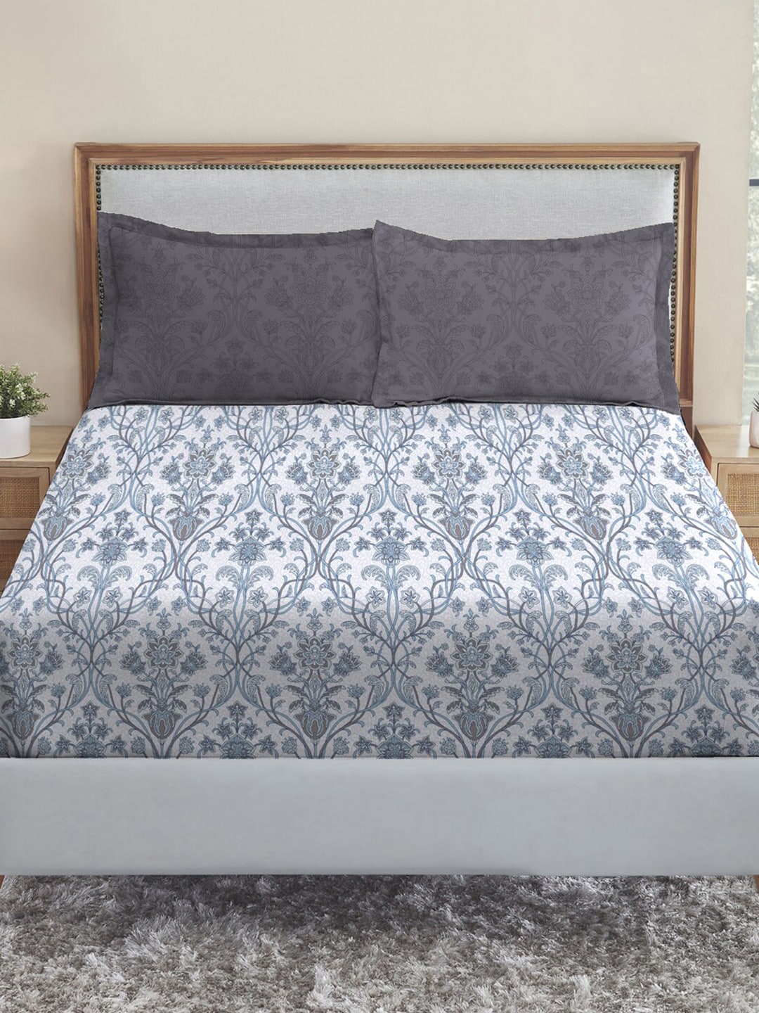 MYTRIDENT Dusk and Dawn Blue Ethnic Motifs Cotton 144 TC Queen Bedsheet 2 Pillow Covers - Swadesiicart