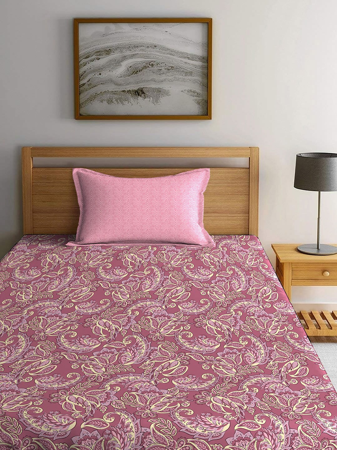 MYTRIDENT Maroon & White Ethnic Motifs Cotton 120 TC Single Bedsheet With 1 Pillow Cover - Swadesiicart