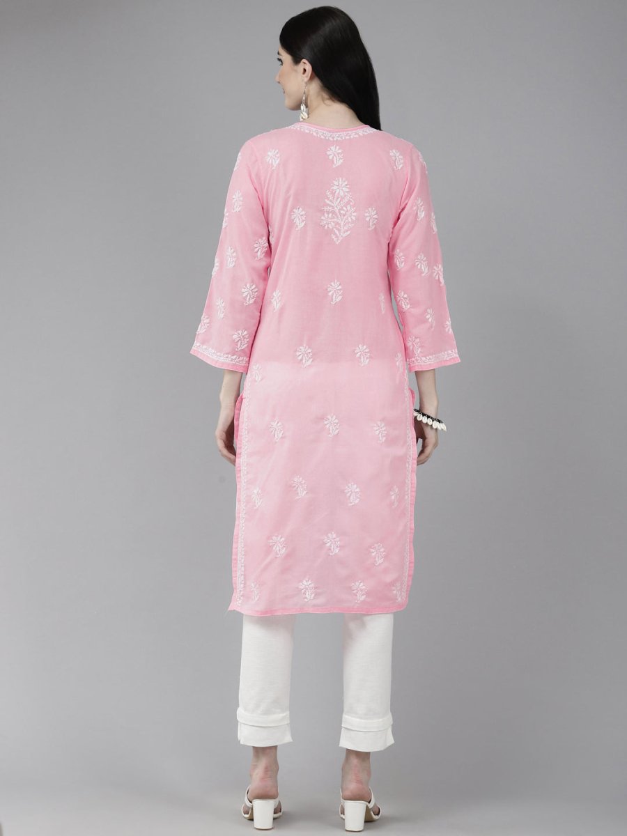 ADA Women Pink & White Ethnic Motifs Embroidered Chikankari Cotton Kurta | Swadesiicart