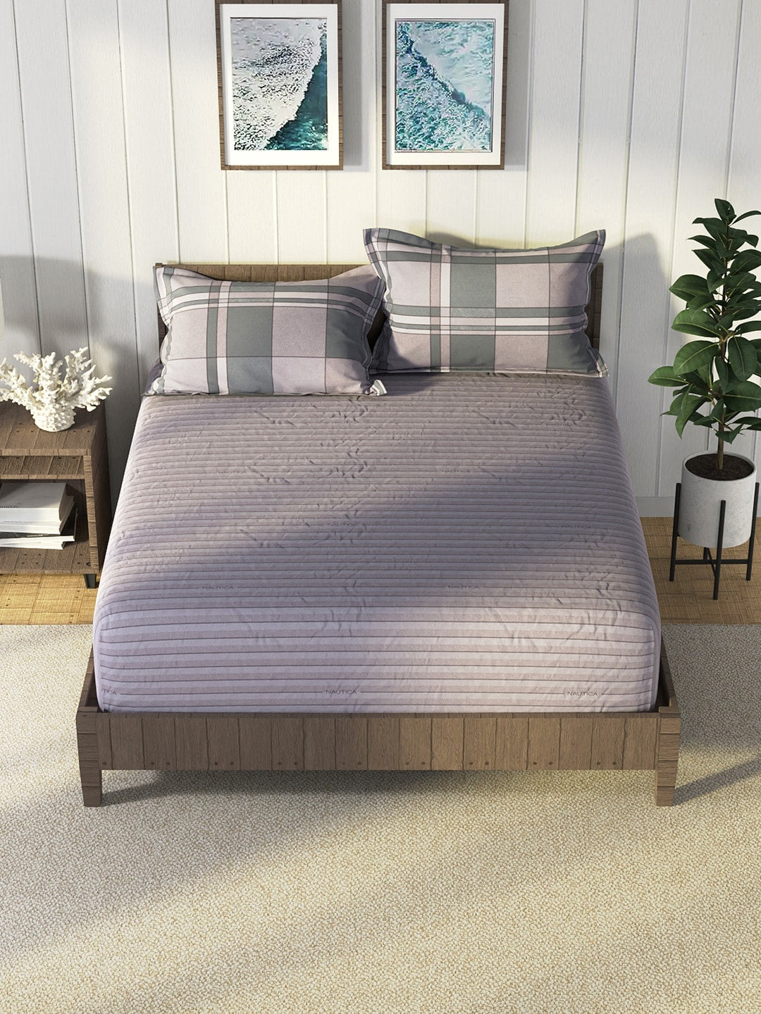 Nautica Grey & Blue Striped Cotton 160 TC King Bedsheet With 2 Pillow Covers - Swadesiicart