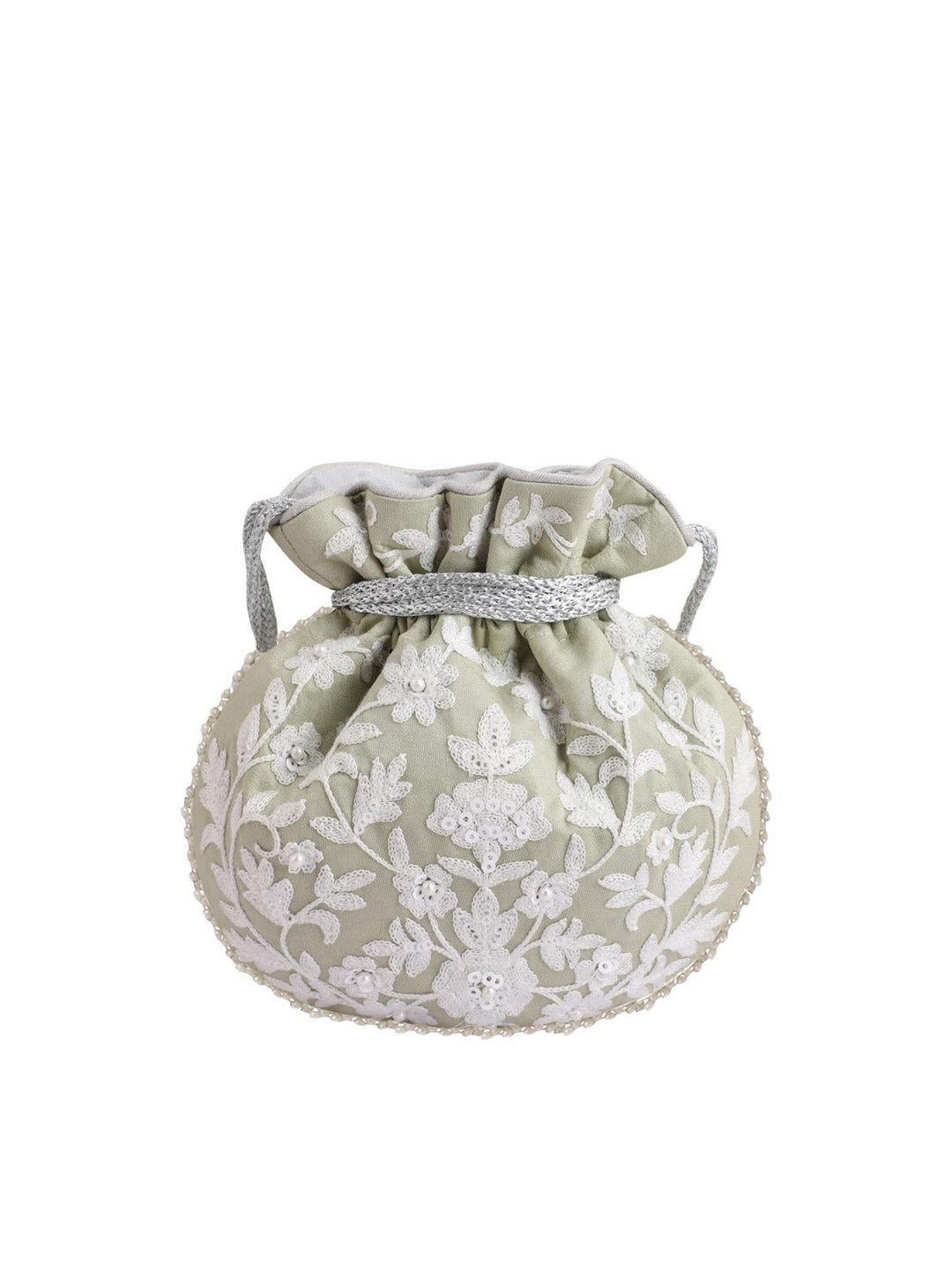 Masq Green & White Embellished Embroidered Potli Clutch - Swadesiicart