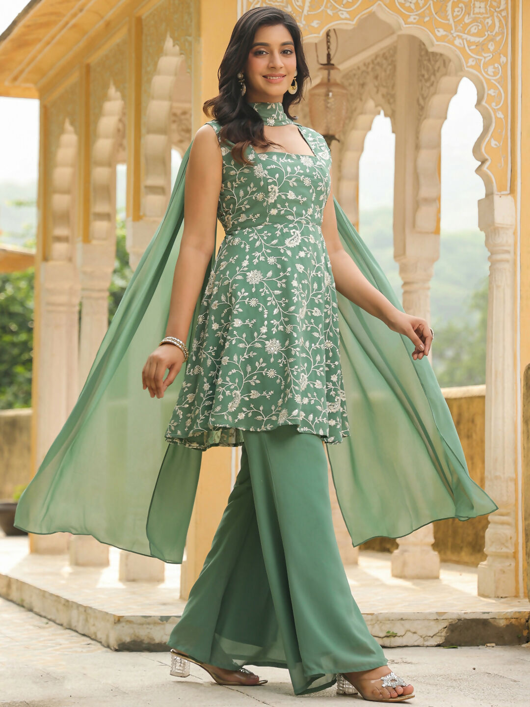 Janasya Sage Green Georgette Embroidered Kurta,Bottom & Dupatta | Swadesiicart
