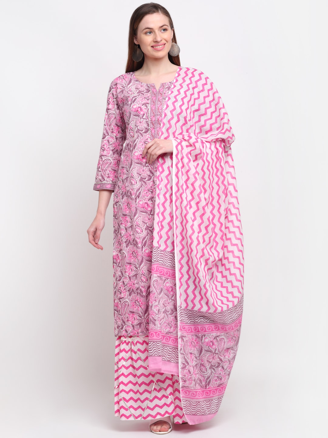 Kalini Women Pink Paisley Printed Pure Cotton Kurta with Sharara & With Dupatta | Swadesiicart