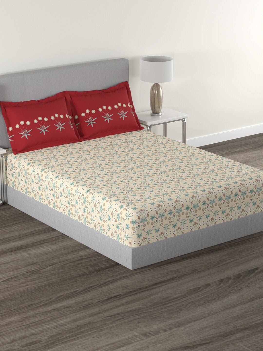 MYTRIDENT Beige Green Floral Cotton 144 TC Queen Bedsheet With 2 Pillow Covers - Swadesiicart