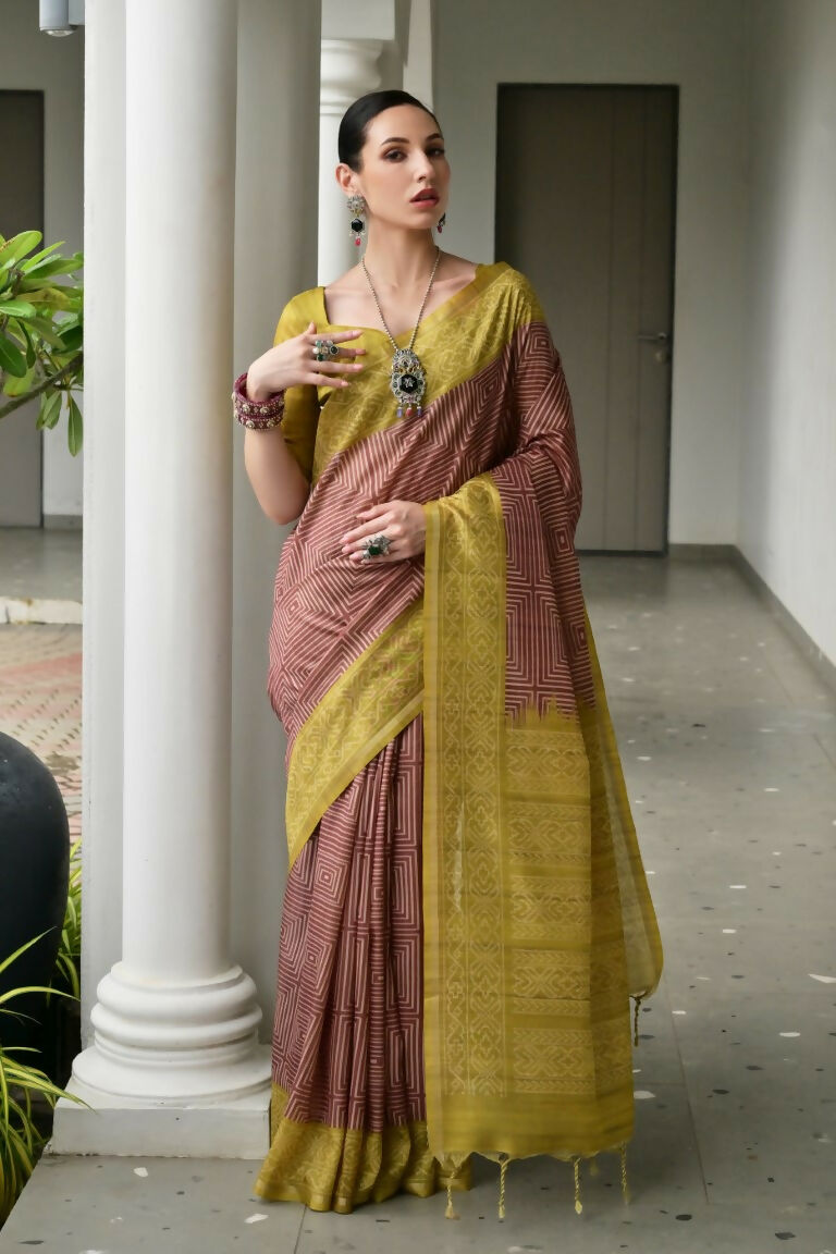Vishnu Weaves Women's Pista Soft Tussar Silk Printed Saree with Blouse - Swadesiicart