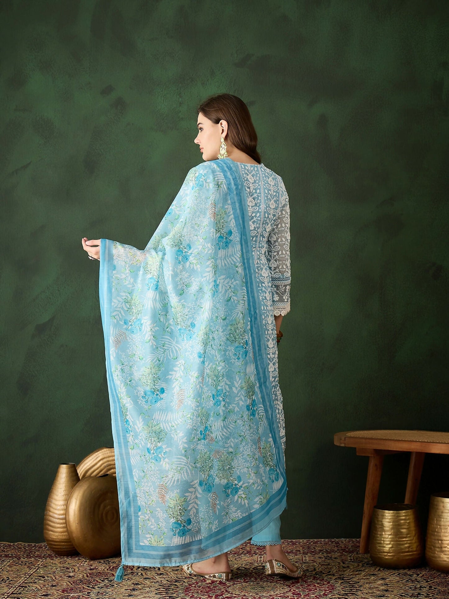 Blue Crystal Organza schiffli embroidery Kurta With Trouser & Dupatta - Bhumi