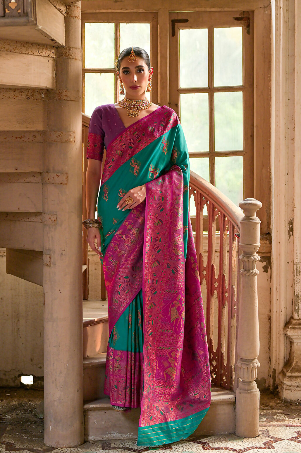 Vishnu Weaves Women's Rama Banarasi Silk Kalamkari Zari Woven Saree with Blouse - Swadesiicart