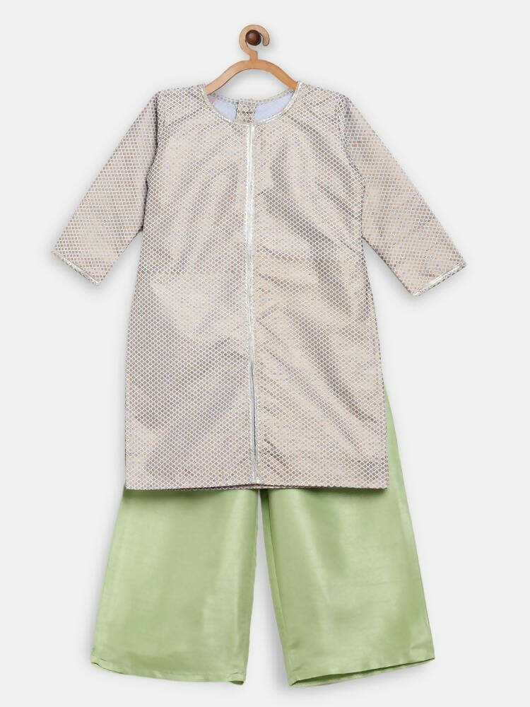 Ahalyaa Poly Silk Gold Printed Straight Kids Kurta With Palazzo For Girls | Swadesiicart