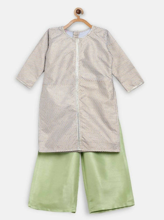 Ahalyaa Poly Silk Gold Printed Straight Kids Kurta With Palazzo For Girls | Swadesiicart