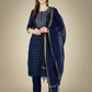 Jyoti Fashion Women's Navy Blue Cotton Magic Slub Embroidery & Sequence work Kurta with Trouser & Dupatta | Swadesiicart