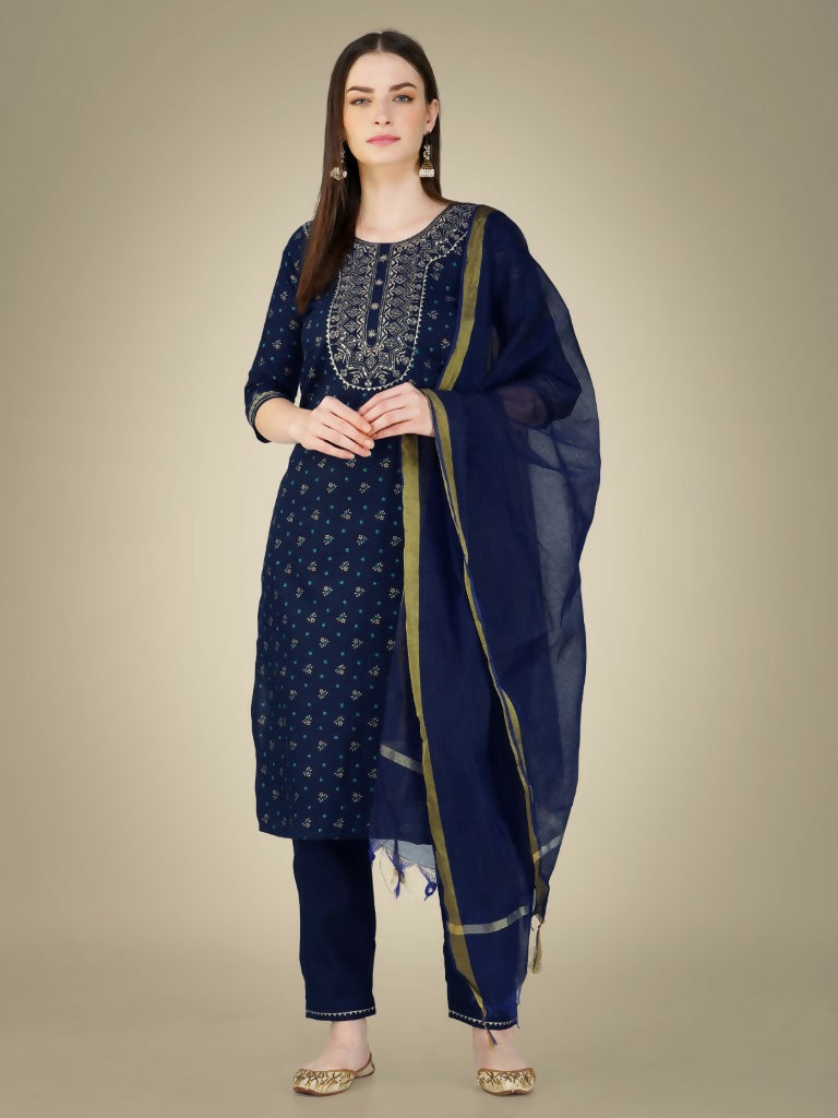 Jyoti Fashion Women's Navy Blue Cotton Magic Slub Embroidery & Sequence work Kurta with Trouser & Dupatta | Swadesiicart