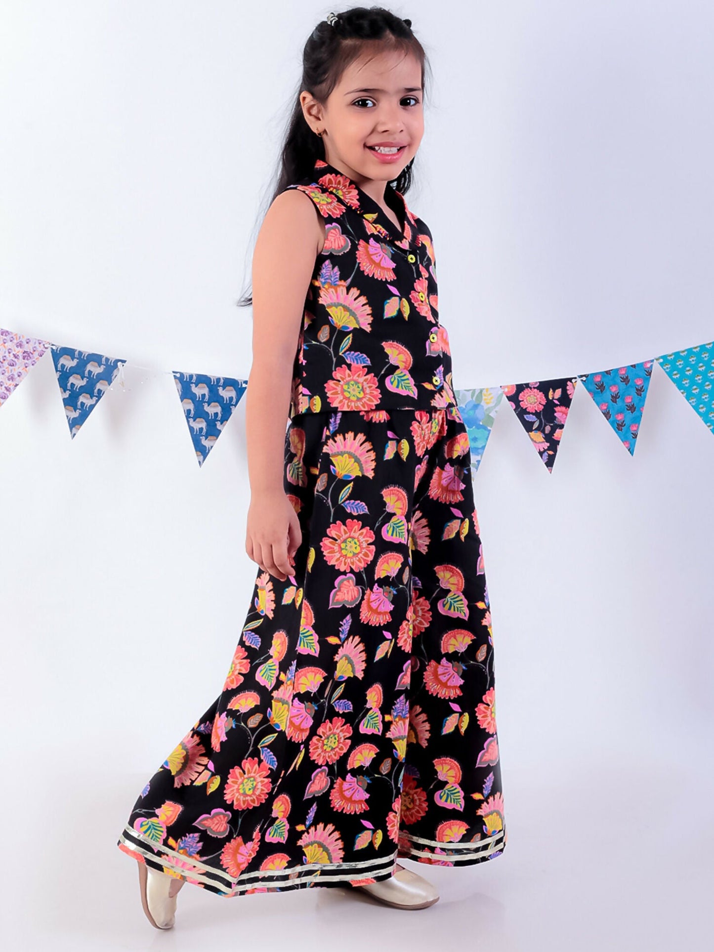 Lil Drama Jaipur Print Stylish Top with Pant Co-ordinate Set for Girls - Black - Swadesiicart